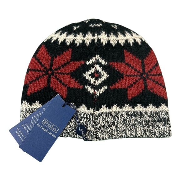 Polo Ralph Lauren Black Red Gray Fair Isle Wool Men's Beanie Unisex NWT